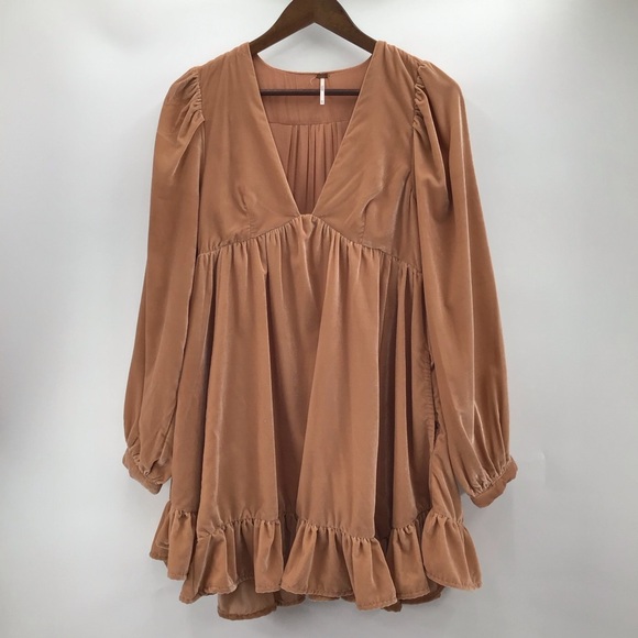 Free People Stella Velvet Mini Dress in Tan - Picture 2 of 15